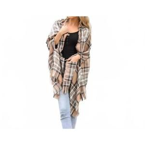 NEW LETO classic plaid pocket ruana shawl wrap in beige